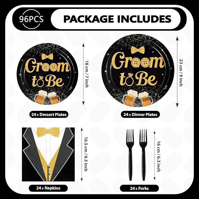96Pcs Groom to Be Party Supplies Groom Shower Bachelor Plates and Napkins Black Gold Theme Party Disposable Paper Tableware Set for Engagement Wedding Bridal Shower Party Supplies Serves 24