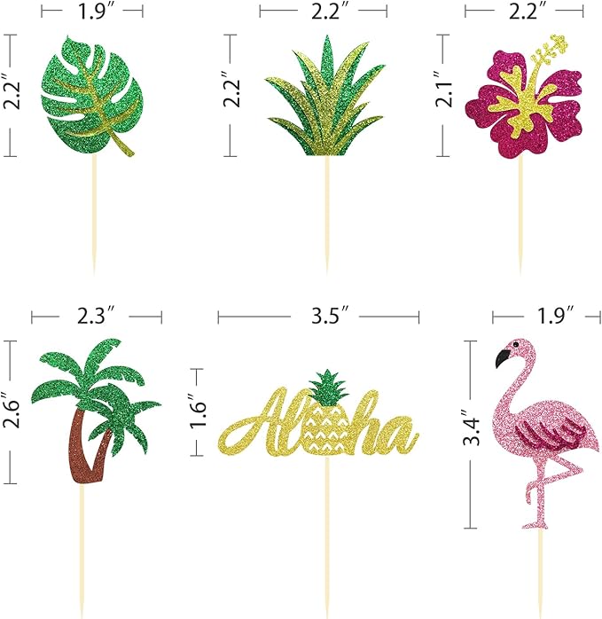 24Pcs Tropical Cupcake Toppers, Luau Cake Topper Aloha Cupcake Picks Pineapple Flamingo Cupcake Decorations for Hawaiian Luau Theme Baby Shower Birthday Party Supplies (Aloha B)