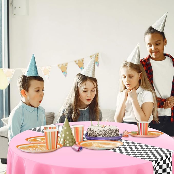 Oudain 6 Pcs Cars Birthday Party Supplies Racing Party Decorations Round Racing Tablecloth Checkered Flag Table Covers Road Plastic Table Cloth, 1950s Disco Dancing Party Tablecloth (Pink)