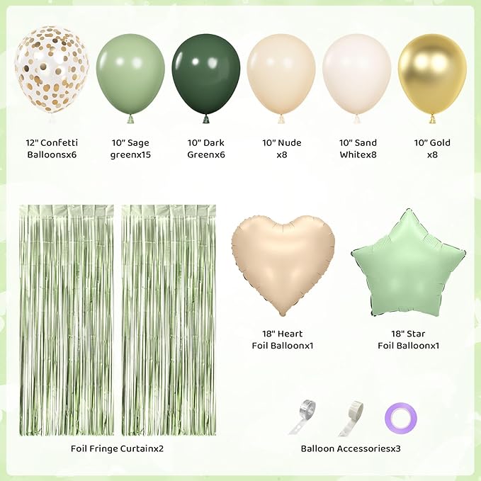 Sage Green Birthday Party Decorations for Women Girls, Green Olive Gold Sand White Confetti Foil Balloons Happy Birthday Banner Fringe Curtain Hanging Swirls Circle Dots Tassels Pompoms Party Supplies