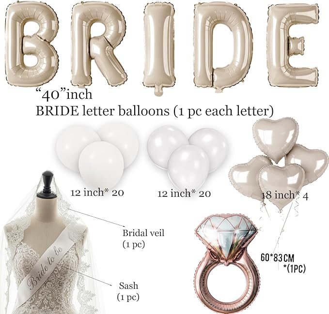 Cream White Bridal Shower party decorations with huge 40 Inch BRIDE letter Pearl Balloons BRIDE to be Sash Bridal Veil and Diamond Ring Heart shape Balloons For Bachelorette party Wedding supplies