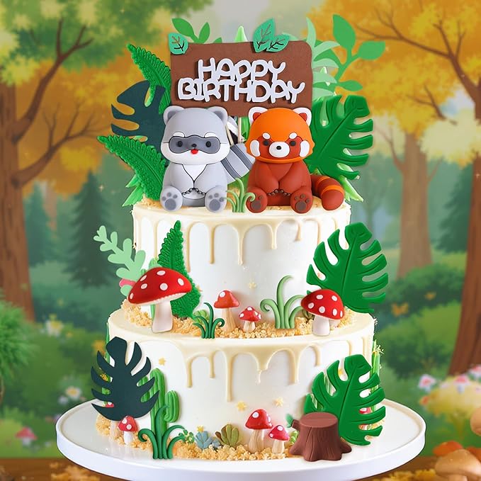 Knana 22Pcs Red Panda Cake Toppers Woodland Animal Cake Decorations with Panda Mushroom Cake Decorations for Baby Shower Birthday Party Supplies