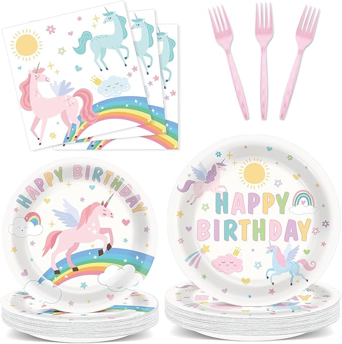 96Pcs Pastel Unicorn Party Supplies Unicorn Paper Plates Napkins Pastel Birthday Tableware Set Rainbow Dinnerware for Girl Birthday Party Decoration Serve 24