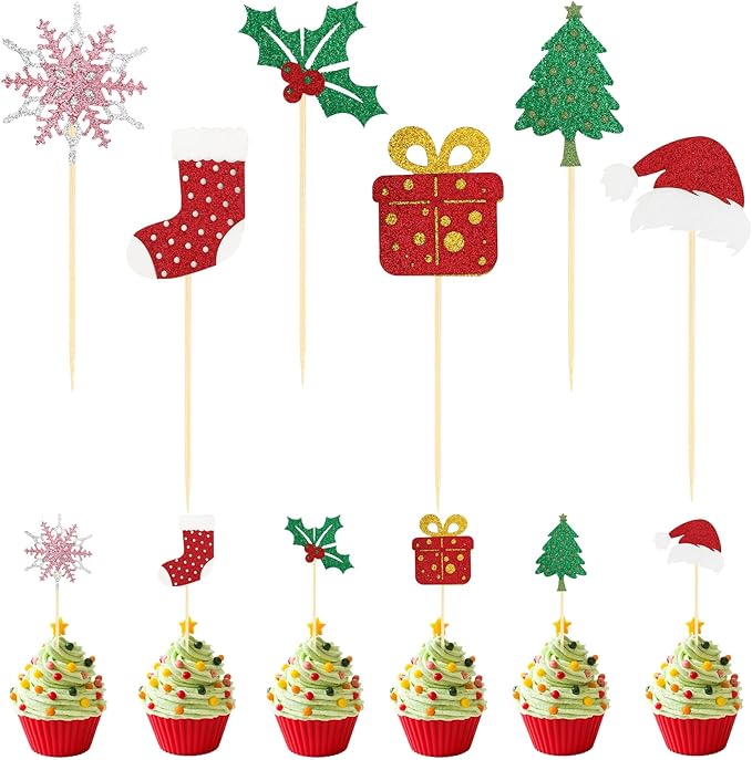 Christmas Cupcake Toppers Cake Decorations, 24 PCS Merry Christmas Cake Topper, Glitter Stockings Snowflake Xmas Tree Decorative Cupcakes Ficks Food Picks for Xmas Holiday Party Decoration Supplies