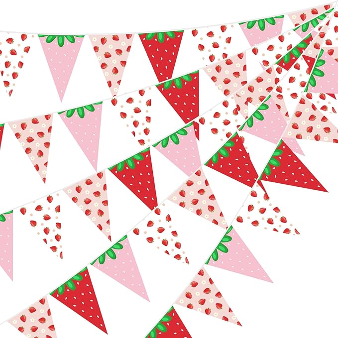 Jetec 5 Pcs 49 Ft Strawberry Decorations Strawberry Pennant Banner Pre-Assembled Berry Sweet Triangle Flag Bunting Garland for Berry First Birthday Party Baby Shower Theme Decor Supplies