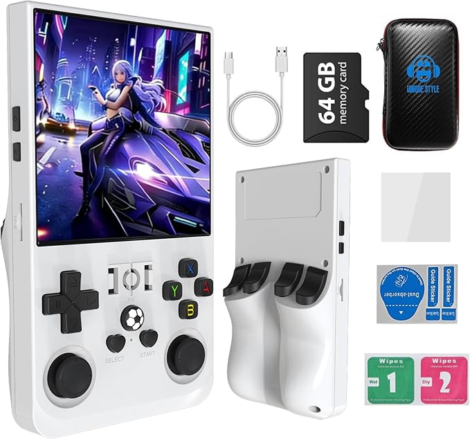 R36MAX 4000mAh Portable Rechargeable Handheld Retro Game Console,Comfort Non-Slip Handheld Standing Retro Game Console with 64G TF Car,4.0-inch Screen,for Office,White