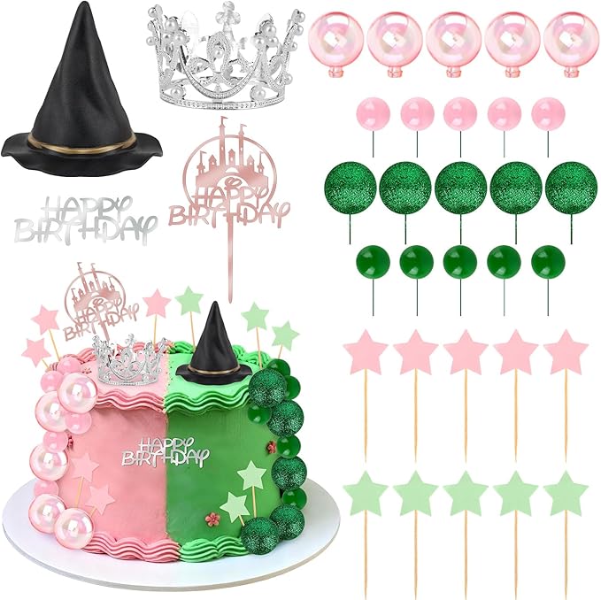 33 Pieces Pink and Green Cake Decorations with Mini Black Witch Hat, Silver Crown, Balloons, Happy Birthday Cake Topper for Girls Women Princess Witch Birthday Party Decorations Supplies