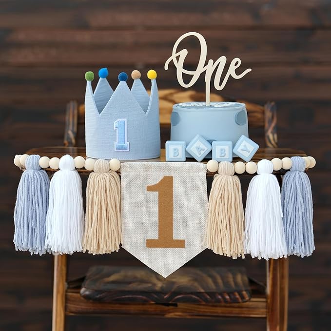 Baby Boy First Birthday Party Decorations Blue White High Chair Banner 1st Crown Hat Cake Topper