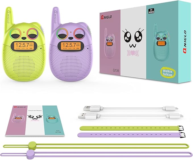 Qniglo Walkie Talkies for Kids Rechargeable 2 Pack,Christmas Birthday Gifts Toys for Age 3-12 Boys Girls, Long Range Kids Walky Talky with FM Radios for Family Kid Adventure Camping Hiking Spy Games