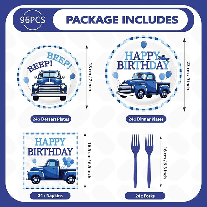 96 Blue Truck Birthday Party Supplies Blue Truck Happy Birthday Plates and Napkins Blue-White Themed Tableware Set for Kids Boys and Girls 1st 2nd 3rd Bday Party Decorations Serves 24
