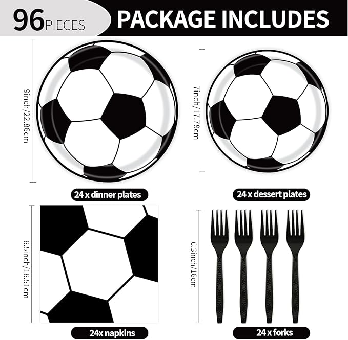 96 Pcs Soccer Plates and Napkins Party Supplies, Soccer Birthday Paper Plates Napkins and Forks Disposable Tableware Set for Sports Theme Party Decorations Serves 24 (Soccer)