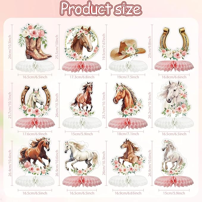 Tarklanda 12 Pcs Cowgirl Honeycomb Centerpieces Floral Horse Table Toppers Western Girl Centerpieces Decorations for Birthday Wedding Party Baby Shower Supplies