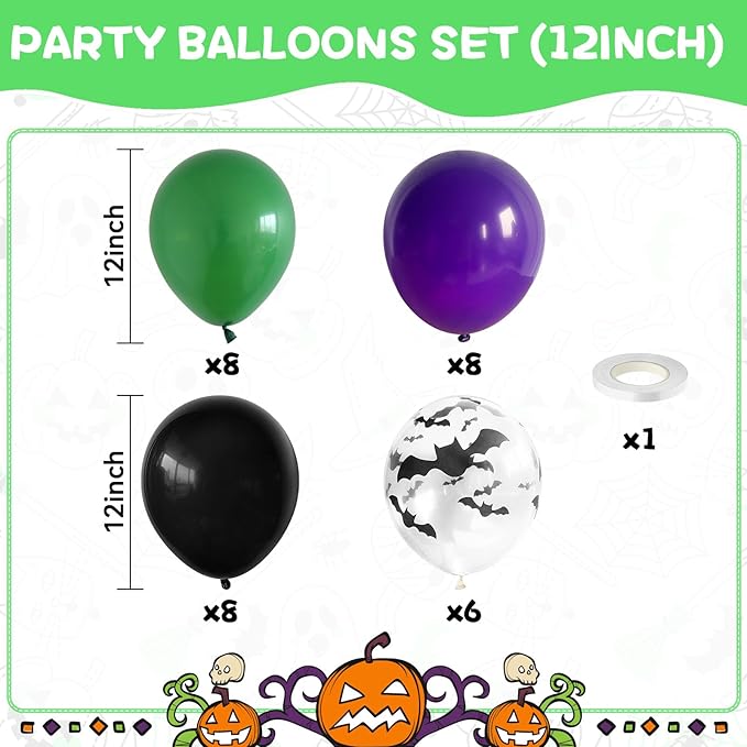 Halloween Balloons,12 Inch Halloween Green Black Purple Balloon, Bat Printed Latex Ballons for Halloweenday BOO Party Decorations,Birthday,Baby Shower Supply