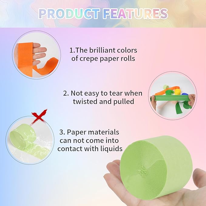 12 Rolls Crepe Paper Streamers - 12 Colors, Colorful Birthday Streamers for Birthday, Wedding, Baby Shower, Ocean, Rainbow, Bachelorette Party Decorations