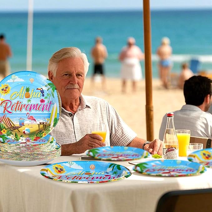 Grencian 96Pcs Tropical Retirement Party Decorations Hawaiian Aloha Retirement Plates and Napkins Disposable Hawaiian Luau Paper Tableware Set for Summer Beach Theme Party Supplies, Serves 24