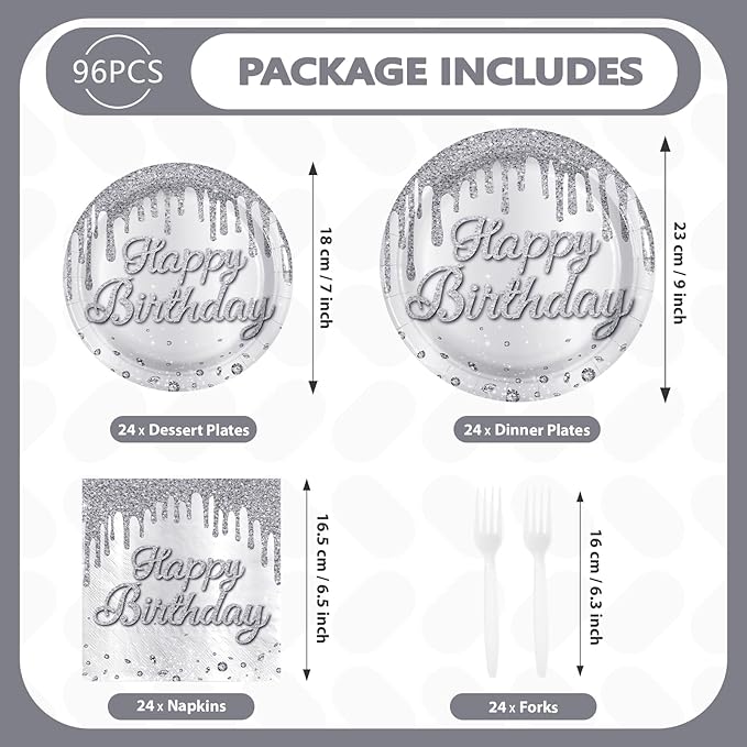 96 Pcs Silver Glitter Party Supplies Silver Plates and Napkins Glitter Diamonds Theme Birthday Decorations for Denim and Diamonds Wedding Silvers Birthday Party Decorations Serves 24