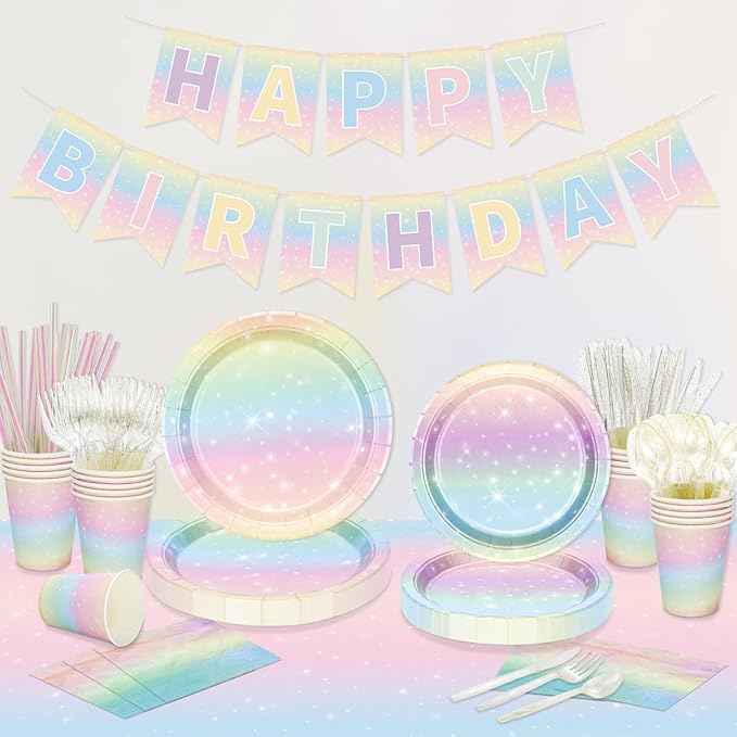 Pastel Rainbow Birthday Party Supplies, Includes Happy Birthday Banner, Tablecloth, Plates, Napkins, Cups, Knives, Forks, Spoons, Straws for Girls Birthday Party Decorations, Serves 20 Guests
