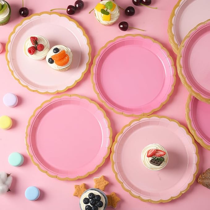 48 Pcs Pink Scalloped Party Disposable Paper Plates, 9" Cute Pink Dessert Baby Bridal Shower Dinner Birthday Cake Paper Plates for Party Bridal Baby Girl Shower Wedding Supplies