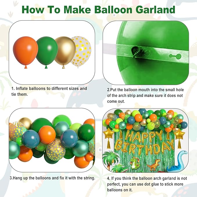 Dinosaur Birthday Party Decorations Supplies, 124Pcs Dinosaur Green Orange Blue Balloons Garland Arch Kit Happy Birthday Dino Foil Balloon Curtain for Kids Boys Dino Jungle Safari Baby Shower Party
