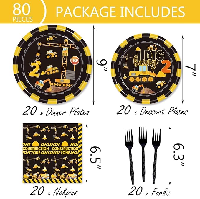 132 Pcs Construction 2nd Birthday Party Supplies Dump Truck Theme Two Tableware Includes Hanging Swirl, Banner, Plates, Cups, Tablecloth for Boys Construction Two Years Old Bday Party Decorations