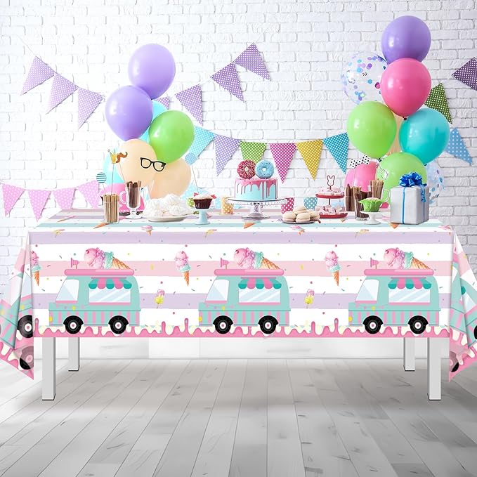 3 Pack Ice Cream Truck Tablecloth Party Decorations, Ice Cream Birthday Plastic Table Cloth Party Supplies, Disposable Rectangle Table Cover for Kids Sweet One Birthday Baby Shower, 54 x 108 Inch