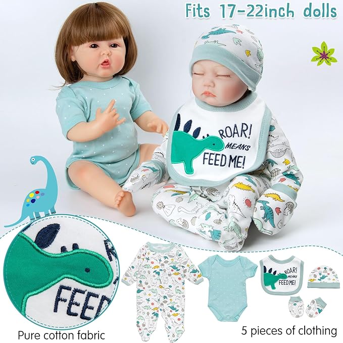 Reborn Baby Dolls Clothes Boy Blue Dinosaur Theme Accessories 13 Pcs Outfit Set for 17-22 Inch Newborn Baby Doll Boy with Blue Dot Bassinet