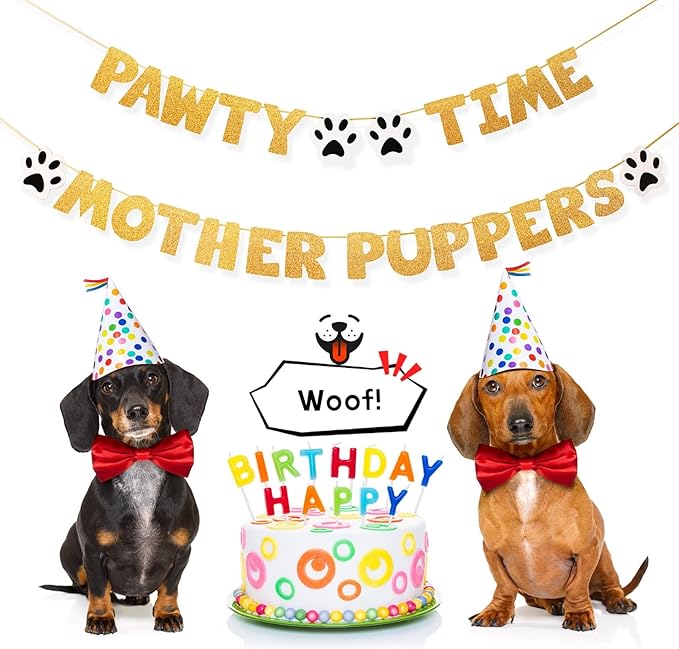 Pre-Strung Let's Pawty Dog Birthday Party Supplies - Pawty Time Mother Puppers - Funny Gold Glitter Puppy Dog Birthday Banner For Party Decorations Girl Boy - Cute Puppy Pets Paw Pennant Sign Deco