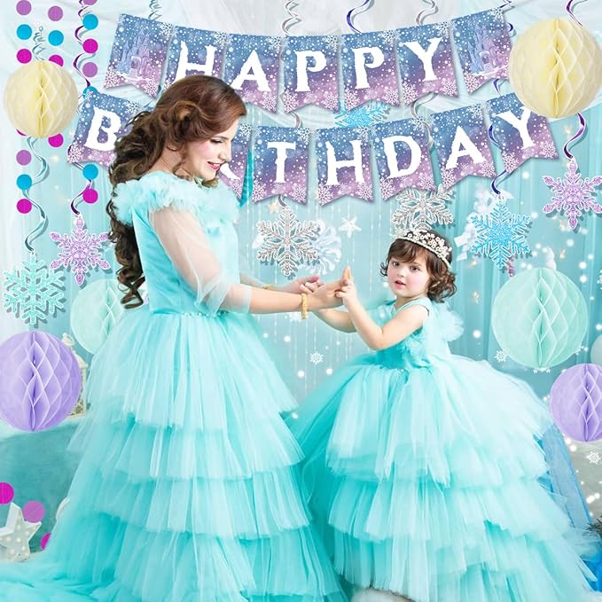 Frozen Birthday Party Decorations, Princess Party Supplies Winter Theme Happy Birthday Banner, Honeycomb Balls, Hanging Swirls, Snowflakes for Princess BirthdayS Decoration Girl Party