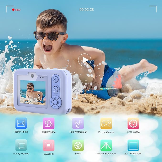 Kids Waterproof Digital Underwater Camera - 48MP HD 1080P Video, Dual Lens Selfie with Stand - Christmas Birthday Festival Gift for Ages Above 3 Girl Boy Child Toddler, Cartoon Cover, Blue