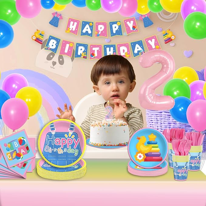English Teacher Party Supplies, Fufuddz Rainbow Birthday Decorations Cartoon Teacher Party Plates and Napkins for Girls Boys 2nd Birthday Banner Balloons Tablecloth Candle, Tableware Set for 24 Guests