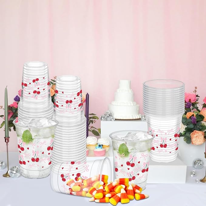 50Pcs Cherry Bow Cups, 12oz Cherry Plastic Cups for Birthday Party Supplies Wedding Bridal Engagement Drinkware Decoration