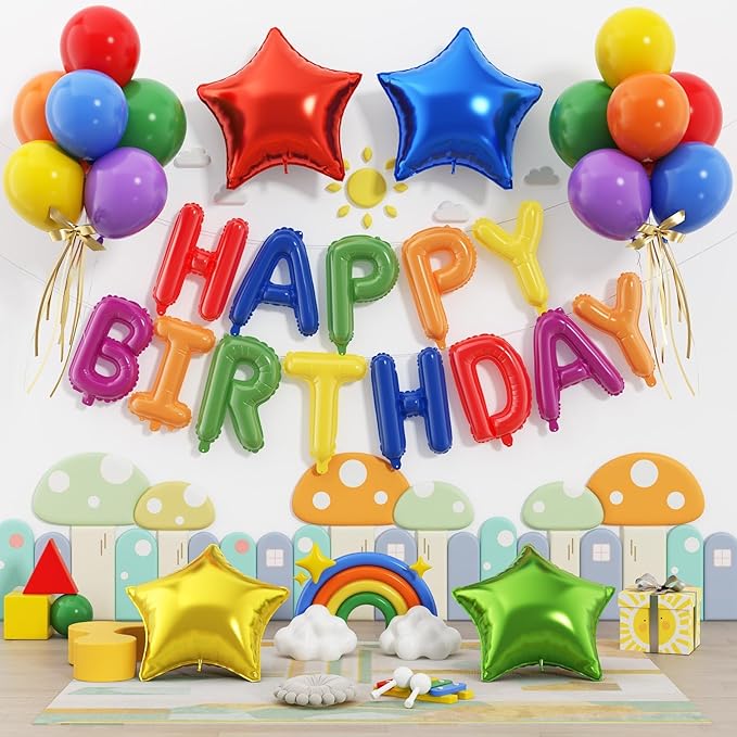 29PC Rainbow Happy Birthday Balloon Banner, 16 Inch 3D Aluminum Letter Banner Sign, Colourful Latex Balloon Helium 18 Inch Star Foil Balloon for Kids, Women, Men Birthday Party Decorations