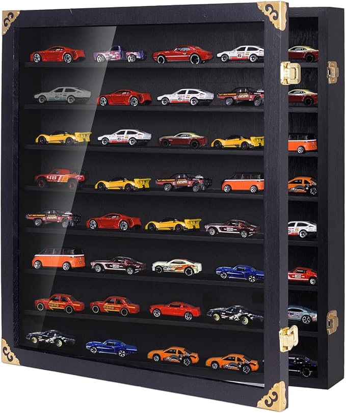 Giant Model Car Display Case with Wall Mounts,Display up to 80 Cars ,Model Hot Toy Cars Storage Organizer,15.7*2.75*16.7 Inches,UV Protection Acrylic Glass Door,Gold Lock,Black