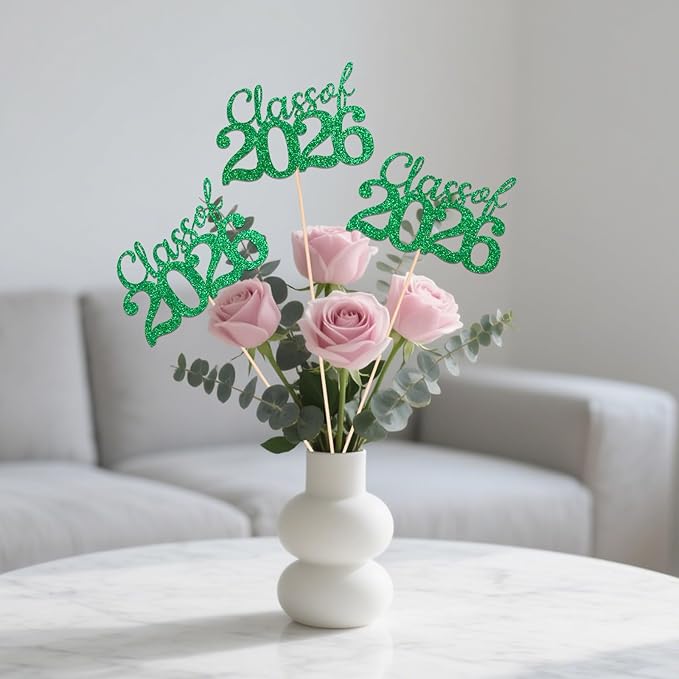 Green Class of 2026 Double-sided Graduation Table Centerpieces, 12 Pcs Grad Party Decorations with Sticks, Graduation 2026 Party Supplies for Table Decor