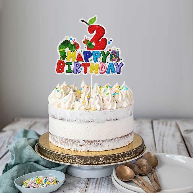 Hungry Caterpillar Happy 2nd Birthday Cake Topepr,Reading Story Theme Two Year Old Cake Decor,Summer Spring Second Birthday Party Decorations for Boys Girls