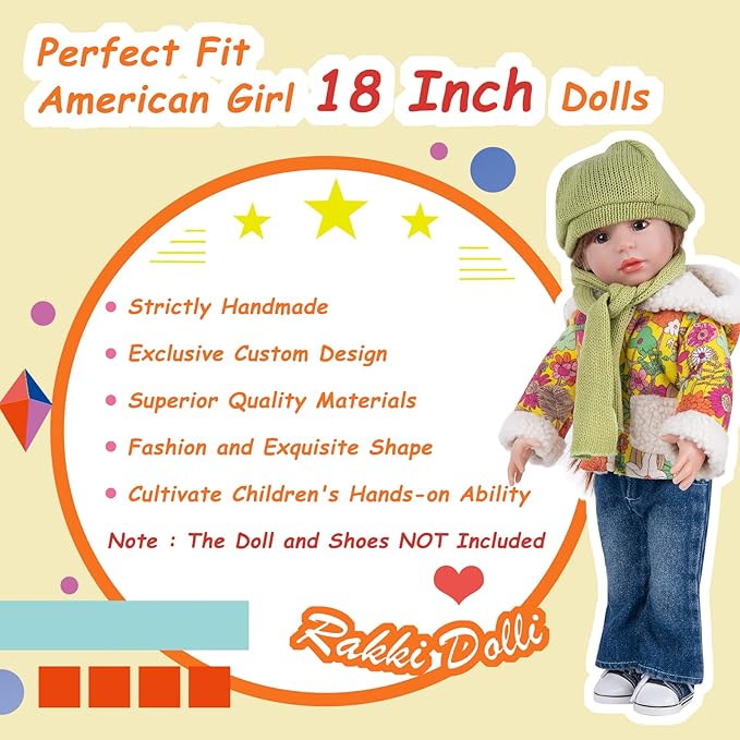 Doll Clothes Set 5 Pc. Set Includes Colorful Yellow Coat, Green Scarf and Hat, Blue Jeans & White T-Shirt Baby Doll Clothes Suit and Accessories (Doll & Shoes Not Included)