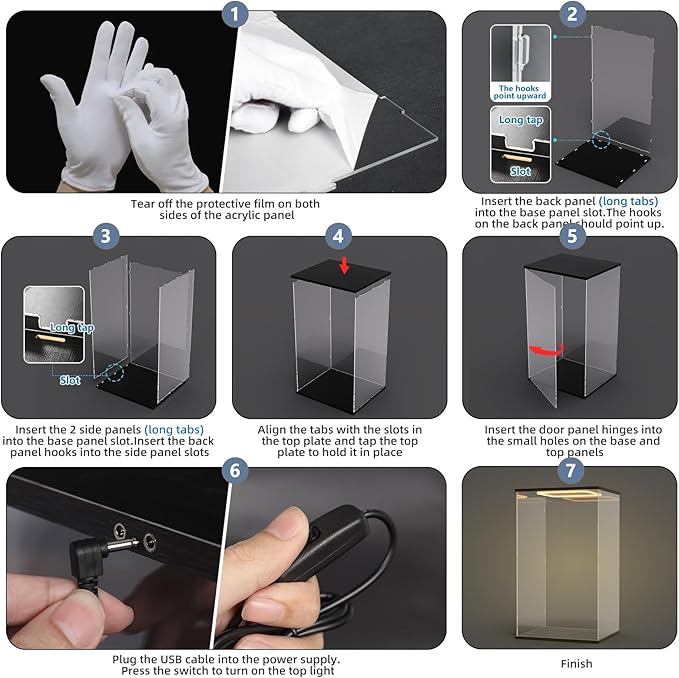 Nynelly Acrylic Display Case for Zimomo Labubu with Light, Clear Display Box for Large Collectibles Doll, Assemble Dustproof LED Showcase Storage Box with Door, 13.8x11.8x23.6in, Black