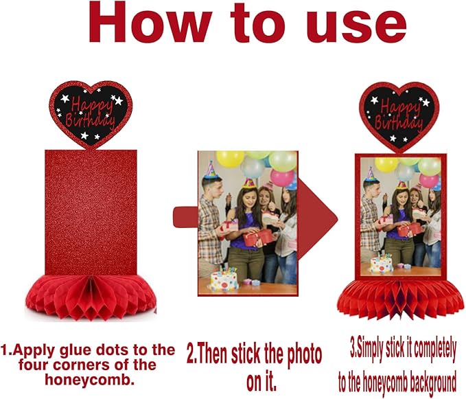 9Pcs Black Red Birthday Decorations Honeycomb Centerpieces Red Theme Birthday Photo Table Centerpiece Party Supplies 16th 30th 40th 50th 60th Bday Table Topper