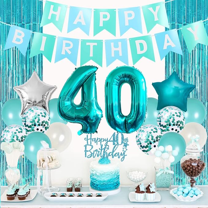 40th Birthday Decorations for Women Girls Teal - Queen Sash Happy Birthday Banner Cake Topper Number 40 Foil Balloon Foil Curtain for Turquoise Fortieth Birthday Decorations Party Supplies for Her