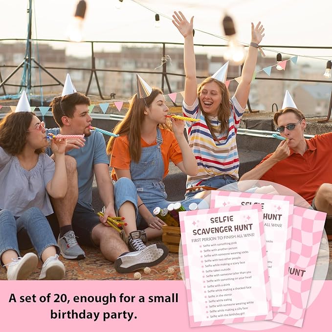 Birthday Party Games Card - Selfie Scavenger Hunt, Bday Party Games for Teen Girl Adult, Set of 20 pcs Game Cards, Birthday Party Favor Activity Sleepover Party Decor Supplies - FS270