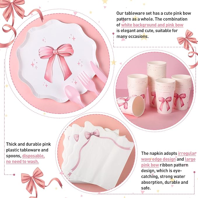350 Pcs Bow Pink Party Supplies Tableware Set Disposable 9'' 7'' Paper Plates 9 oz Cups Cutlery Napkins Dinnerware Set for 1st Birthday, Serve 50 (Bow, Pink)
