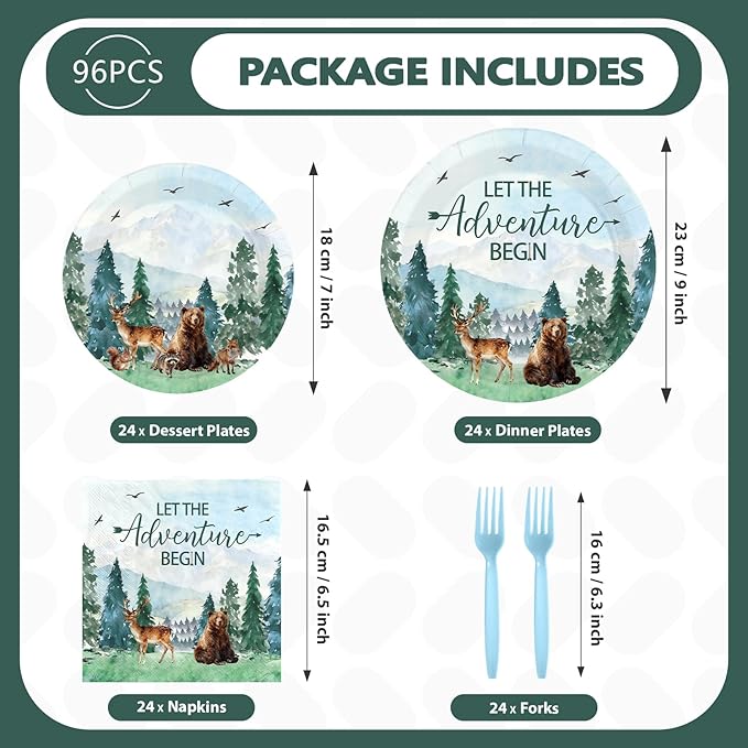 96Pcs Let The Adventure Begin Party Decorations Camping Adventure Birthday Plates and Napkins Green Mountain Wilderness Woodland Animals Decorations for Boys Girls Birthday Party Supplies Serves 24