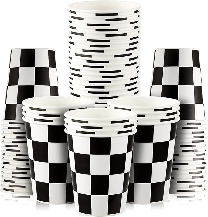 Cunhill 36 Pieces Checkered 9 oz Paper Flag Race Car Cups Party Supplies Black and White Cups Bulk Disposable Beverage for Checkered Themed Birthday Party Decorations