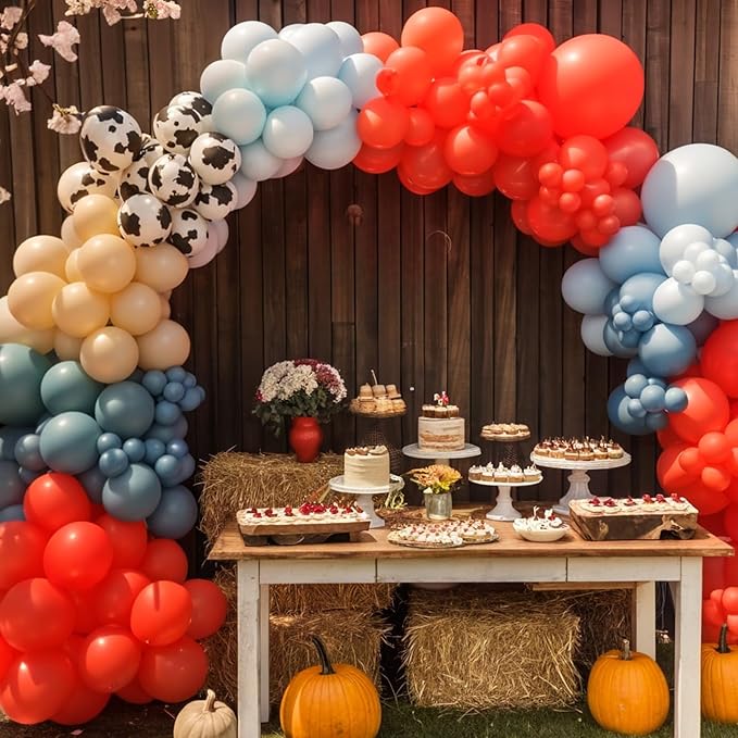 Red Blue Cow Balloons, 50Pcs 12 Inch Red Dusty Blue Sand White Farm Balloons for Kids Girl Boy Farm Theme Birthday Western Cowboy Party Baby Shower Decorations