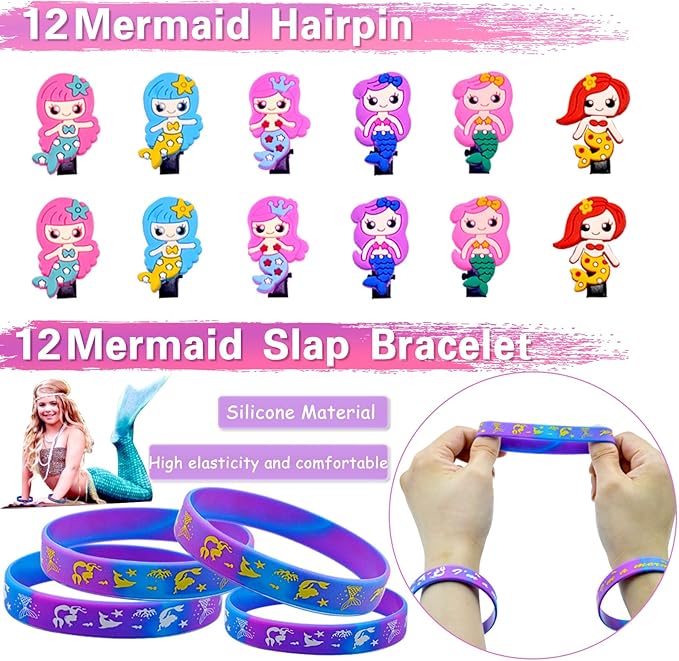 134Pcs Mermaid Party Favors Birthday Decorations for Girls, Party Supplies Include 12 Bracelet, 12 Necklace, 12 Hairpin, 12 Ring, 12 Stampers, 12 Button Pins, 12 Gift Bag, 50 Stickers