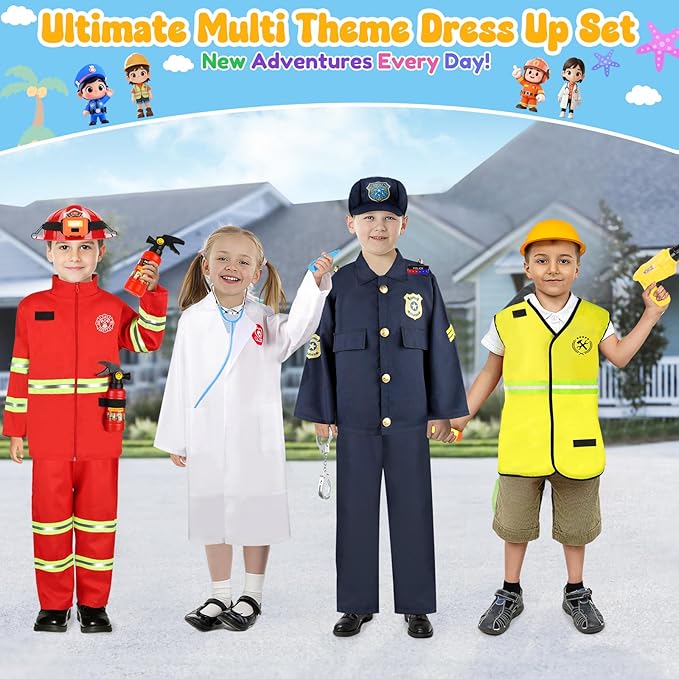 Toddler Dress Up Clothes, Kids Role Play Costumes 4 In 1 Set-Police Doctor Fireman Engineer for Kids Boys and Girls 3-8, Career Dress Up Pretend Play Toys, Birthday Halloween Christmas Gifts