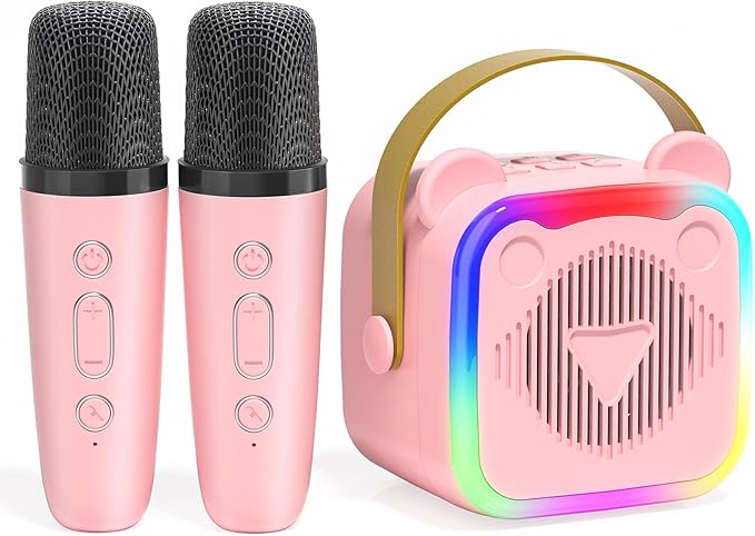 Mini Karaoke Machine for Kids,Portable Bluetooth Speaker with 2 Microphones,Music Player for Singing and Party,Ideas Birthday Toys Gifts for Girls Boys 3,4,5,6,7,8,9,10,11,12+ Years Old (Pink)