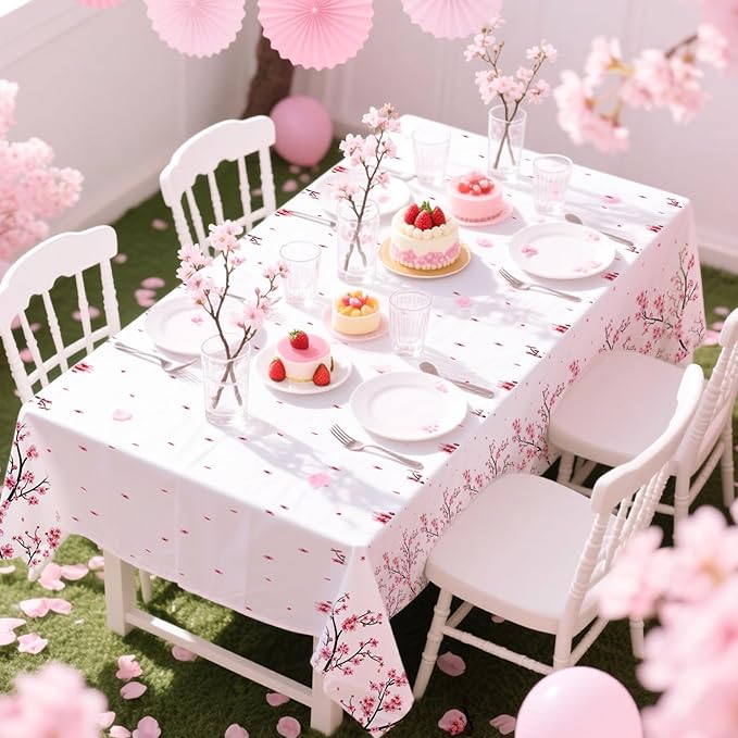 3Pcs Cherry Blossom Tablecloth Pink Floral Plastic Table Cover Waterproof Japanese Sakura Disposable Table Cloth for Baby Shower Woman Birthday Bridal Shower Wedding Party Decorations, 54 x 108 Inch