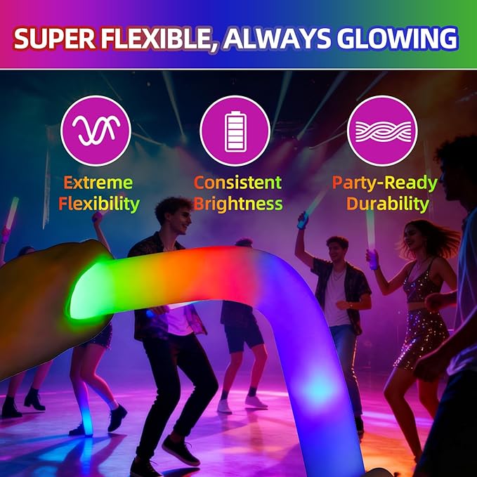 200+2 Pack Foam Glow Sticks Bulk Party Pack,Party Favors Supplies,3 Flashing Modes Glow In The Dark Party Supplies,Light Up Foam Sticks for Wendding Raves Camping Outdoor