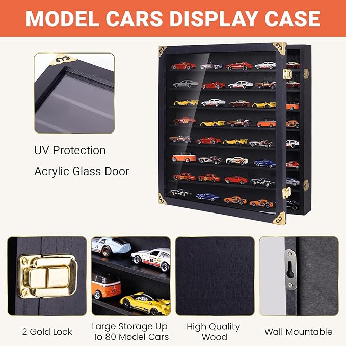Giant Model Car Display Case with Wall Mounts,Display up to 80 Cars ,Model Hot Toy Cars Storage Organizer,15.7*2.75*16.7 Inches,UV Protection Acrylic Glass Door,Gold Lock,Black